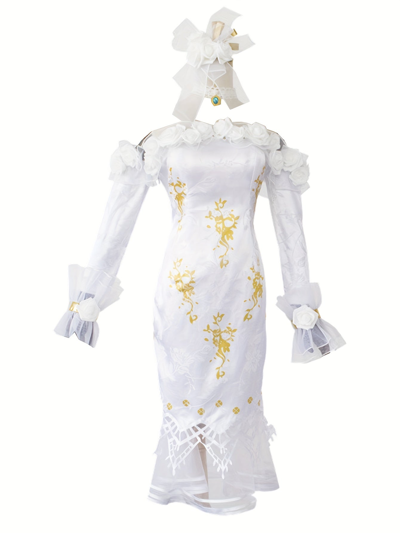 1 Set, Game Character Cosplay Fragrance Skin Costume, Elegant Bridal Gown Full Set, Long Sleeve Dress With Golden Detailing, Accessories Included, Women's Clothing - 我的商店