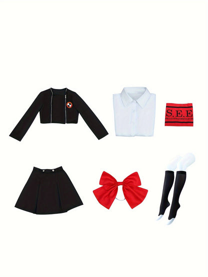 1 Set Of 6pcs Anime Cosplay Dress Up Costume Set, Yuji Style Zip Up Long Sleeve Jacket & Shirt & Pleated Skirt & Tie Bow & Stockings & Armband Outfits For Halloween & Performance, Women's Clothing - 我的商店