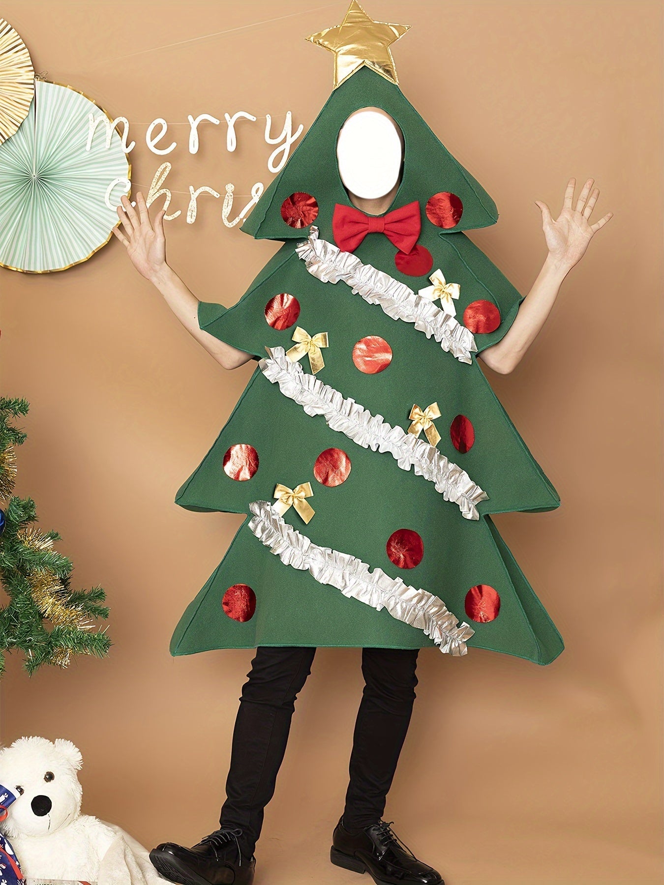 1pc YAYAMIYA Women'S Christmas Tree Costume - Green Polyester Dress with Hood, Striped Pattern, Lantern Sleeves, Corduroy Lining, Shorts, Half - Open Front - Festive Role Play Outfit for All Seasons - 我的商店