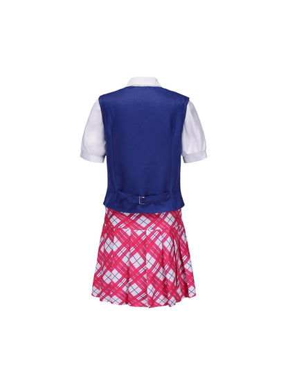 1set Elegant Polyester Cosplay School Uniform, Women'S Charm Princess Academy Waistcoat with Lantern Short Sleeves, V - Neck Shirt & Plaid Skirt, Button Details, Woven Fabric, Non - Stretch - All Seasons Role Play Outfit - 我的商店