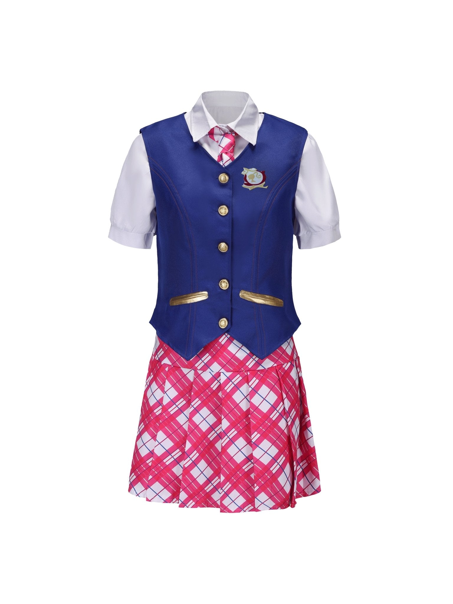 1set Elegant Polyester Cosplay School Uniform, Women'S Charm Princess Academy Waistcoat with Lantern Short Sleeves, V - Neck Shirt & Plaid Skirt, Button Details, Woven Fabric, Non - Stretch - All Seasons Role Play Outfit - 我的商店