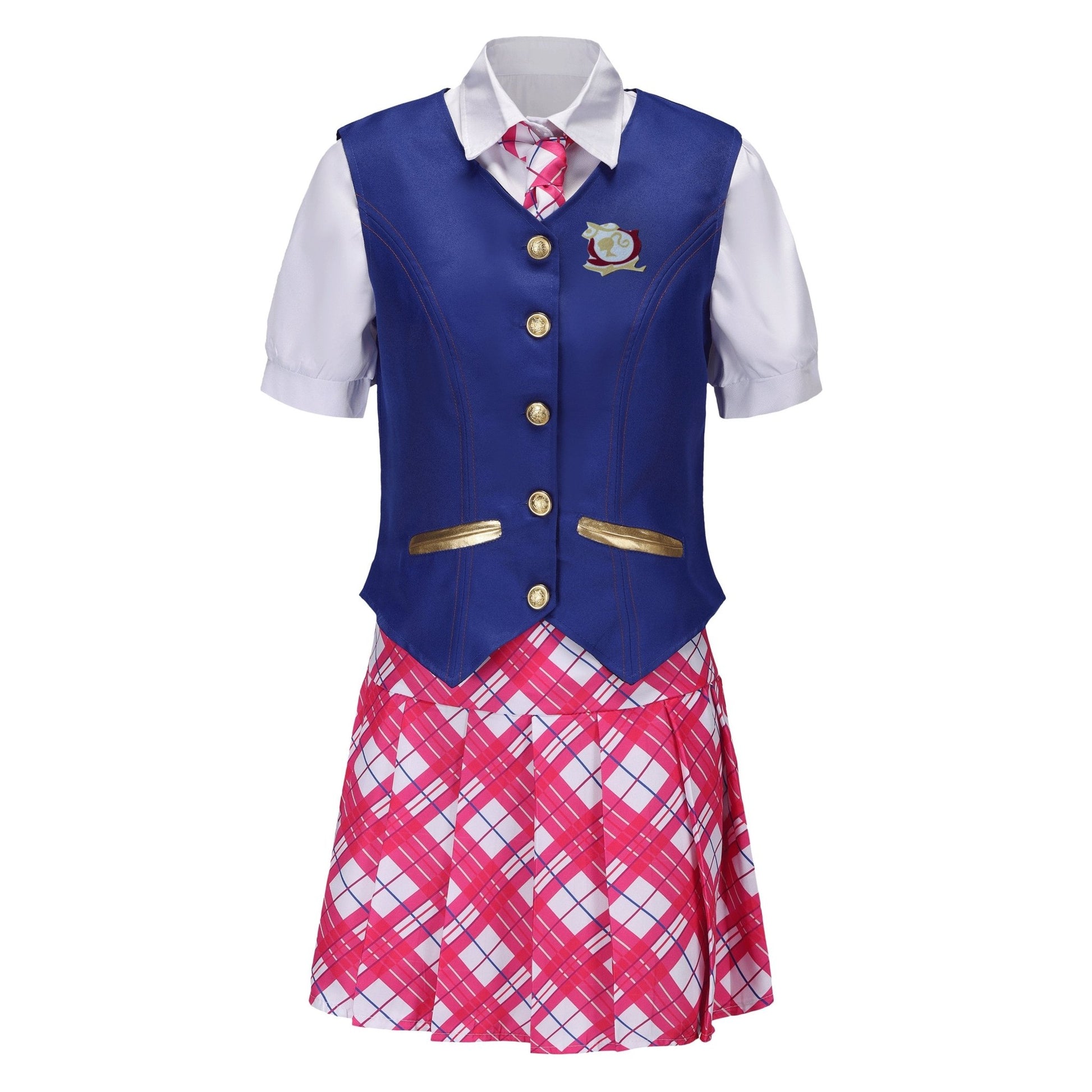 1set Elegant Polyester Cosplay School Uniform, Women'S Charm Princess Academy Waistcoat with Lantern Short Sleeves, V - Neck Shirt & Plaid Skirt, Button Details, Woven Fabric, Non - Stretch - All Seasons Role Play Outfit - 我的商店