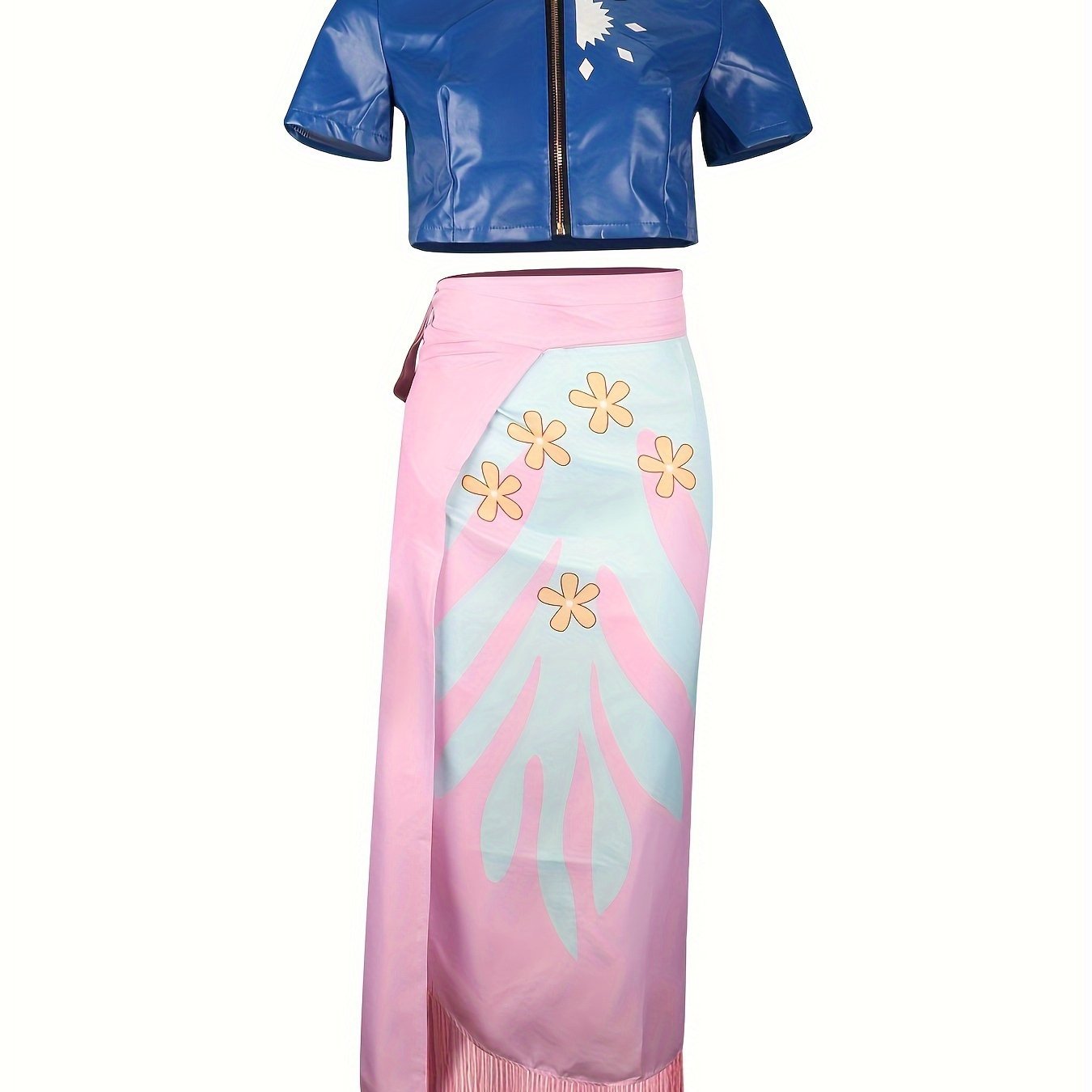 2pcs Robin Cosplay Costume Set for Women, Sexy Stand Collar Polyester Outfit with All - Over Print, Zipper Detail, Woven Skirt with Fringe, Versatile for All Seasons - 我的商店