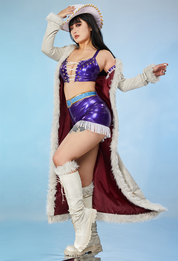 OP Robin Cosplay Costume Bra and Miniskirt with Long Coat and Hat