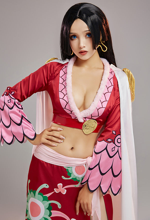 One Piece Boa Hancock Cosplay Costume Red Top Skirt With Cloak Set with Earrings