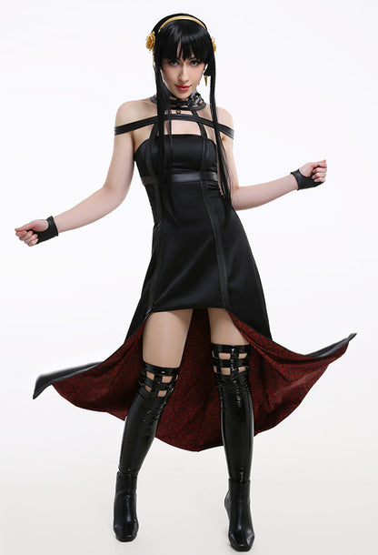 Spy House Thorn Princess Yor Killer Assassin Gothic Halter Black Dress Outfit Cosplay Costume with Leather Stockings