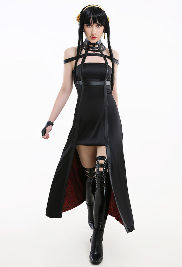 Spy House Thorn Princess Yor Killer Assassin Gothic Halter Black Dress Outfit Cosplay Costume with Leather Stockings