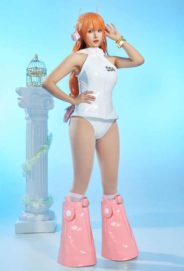 OP Nami Cosplay Costume Egghead White Hooded Vest and Panty with Waist Bag Bracelet