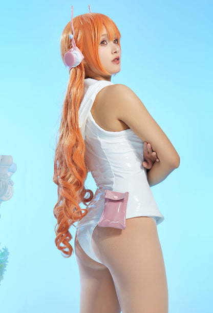 OP Nami Cosplay Costume Egghead White Hooded Vest and Panty with Waist Bag Bracelet