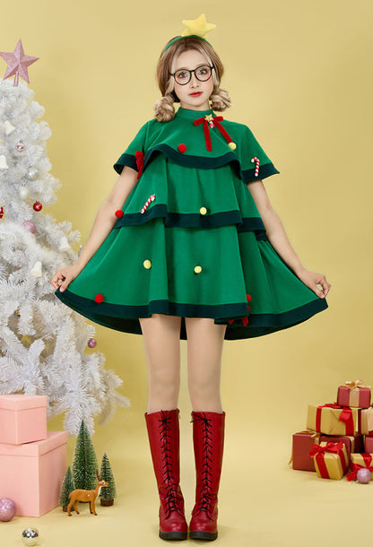 Women Xmas Green Dress Costume Kawaii Christmas Tree Dress Set with Cape with Headband