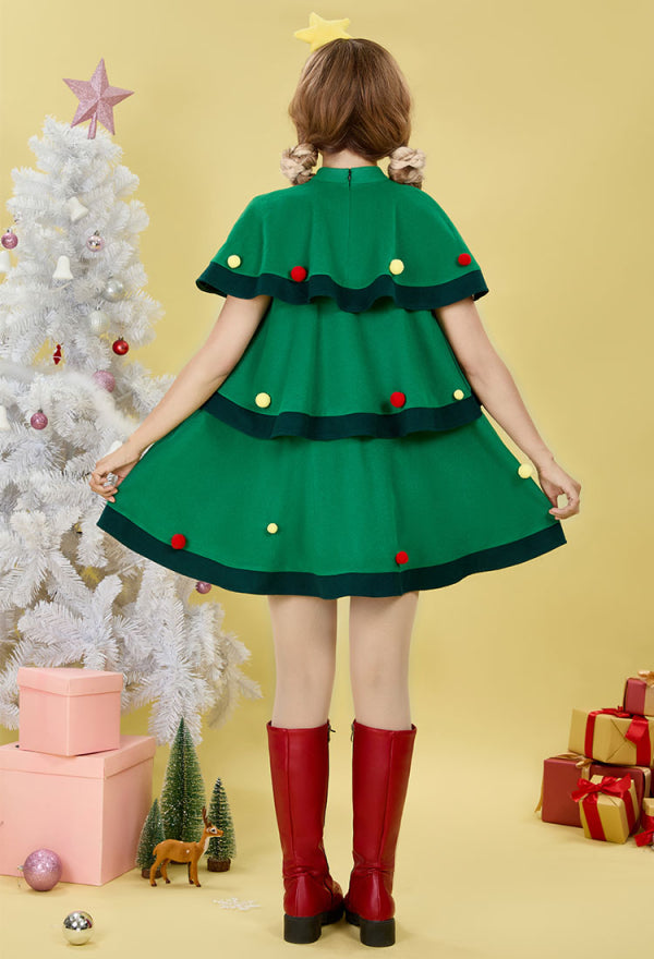 Women Xmas Green Dress Costume Kawaii Christmas Tree Dress Set with Cape with Headband