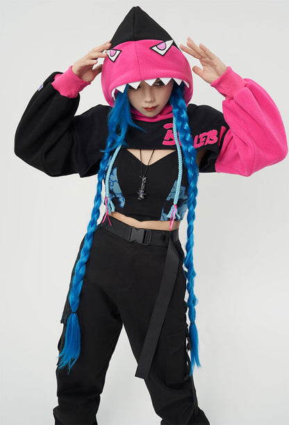 MLOL Derivative Hoodie and Vest Set Shark Shape Hooded Loose Sleeve Crop Top and Clouds Pattern Vest and Necklace