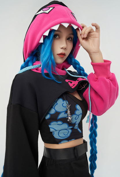 MLOL Derivative Hoodie and Vest Set Shark Shape Hooded Loose Sleeve Crop Top and Clouds Pattern Vest and Necklace