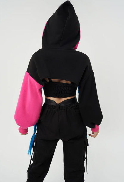 MLOL Derivative Hoodie and Vest Set Shark Shape Hooded Loose Sleeve Crop Top and Clouds Pattern Vest and Necklace