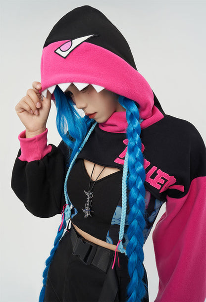 MLOL Derivative Hoodie and Vest Set Shark Shape Hooded Loose Sleeve Crop Top and Clouds Pattern Vest and Necklace