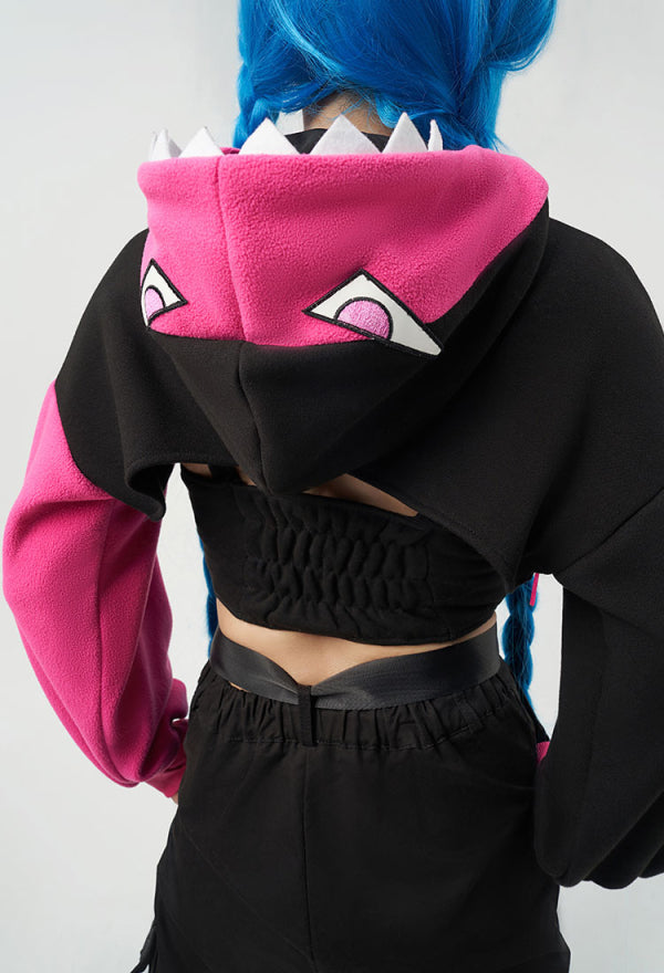 MLOL Derivative Hoodie and Vest Set Shark Shape Hooded Loose Sleeve Crop Top and Clouds Pattern Vest and Necklace