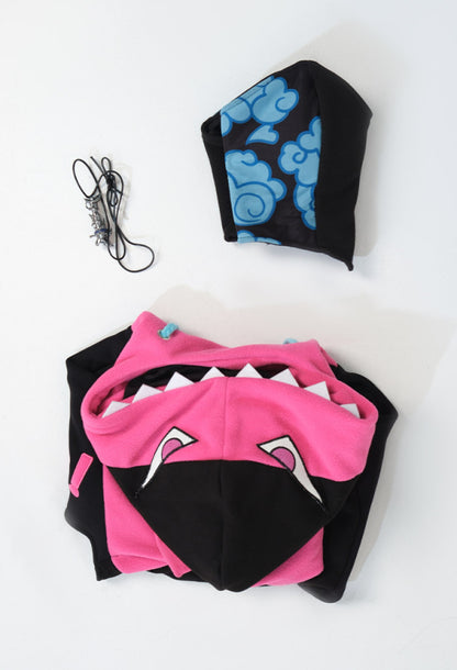 MLOL Derivative Hoodie and Vest Set Shark Shape Hooded Loose Sleeve Crop Top and Clouds Pattern Vest and Necklace