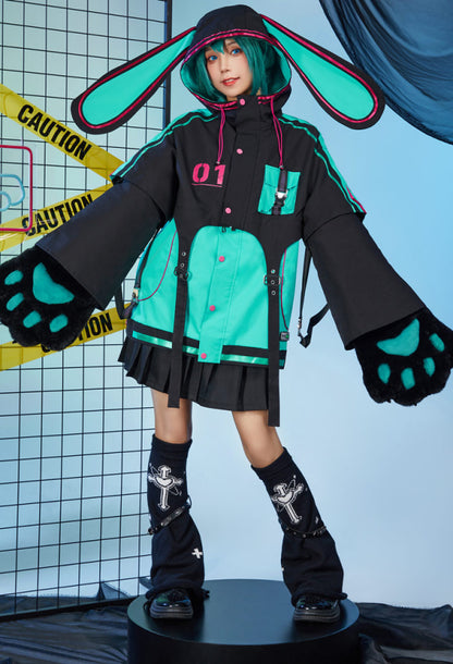 Vocal Derivative Black Green Pullover Hoodie Jacket and Detachable Skirt Set Motorcycle Suit Style Clubwear with Furry Cat Paw Bag