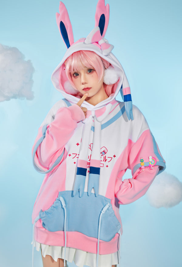 PM Derivative Pullover Hoodie with Detachable Bag Design Furry Cat Paw Gloves Kawaii Sweatshirt