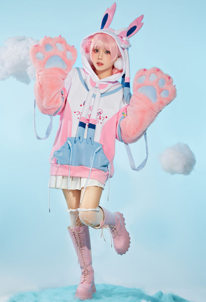 PM Derivative Pullover Hoodie with Detachable Bag Design Furry Cat Paw Gloves Kawaii Sweatshirt