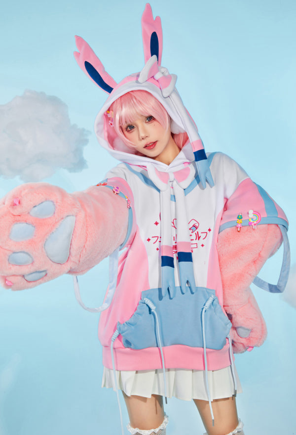 PM Derivative Pullover Hoodie with Detachable Bag Design Furry Cat Paw Gloves Kawaii Sweatshirt