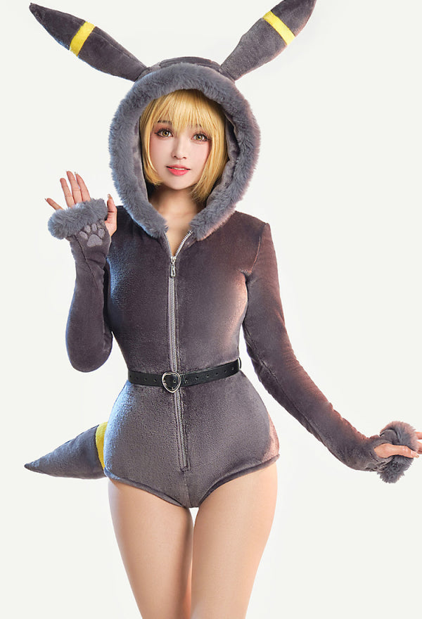 PM Derivative Sexy Lingerie Bodysuit Halloween Plush Hooded Deep V Romper and Socks with Belt and Tail