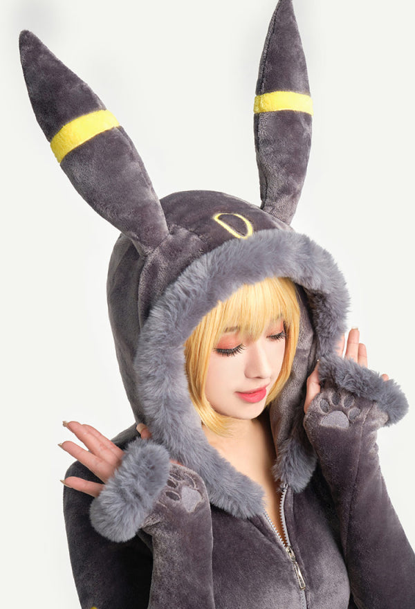 PM Derivative Sexy Lingerie Bodysuit Halloween Plush Hooded Deep V Romper and Socks with Belt and Tail