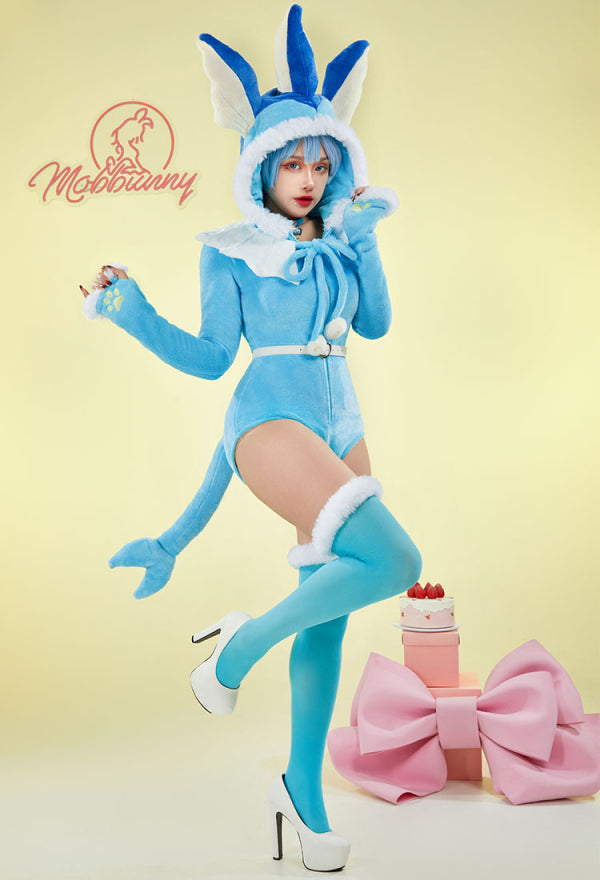 PM Derivative Fluffy Bodycon Romper Sexy Lingerie Blue Furry Hooded Bodysuit Jumpsuit Homewear with Tail Belt and Socks