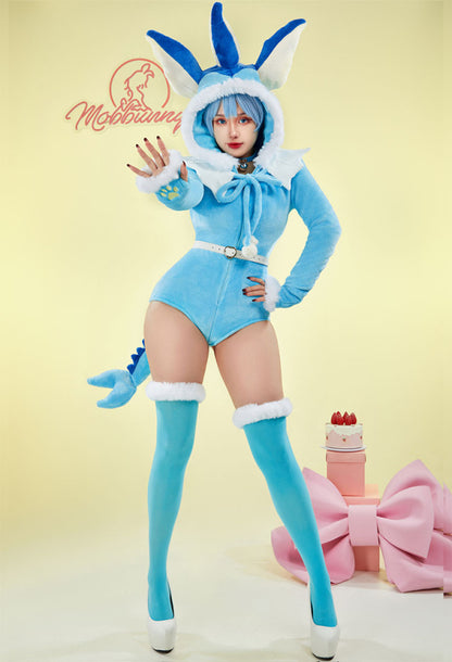 PM Derivative Fluffy Bodycon Romper Sexy Lingerie Blue Furry Hooded Bodysuit Jumpsuit Homewear with Tail Belt and Socks