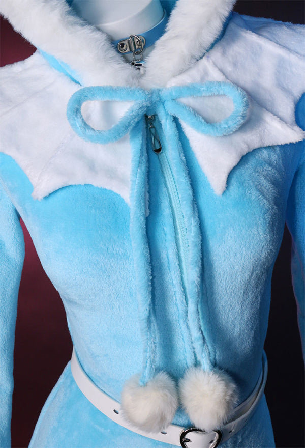 PM Derivative Fluffy Bodycon Romper Sexy Lingerie Blue Furry Hooded Bodysuit Jumpsuit Homewear with Tail Belt and Socks