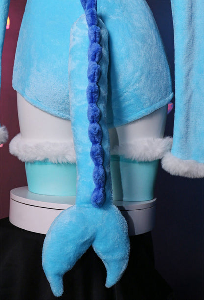 PM Derivative Fluffy Bodycon Romper Sexy Lingerie Blue Furry Hooded Bodysuit Jumpsuit Homewear with Tail Belt and Socks