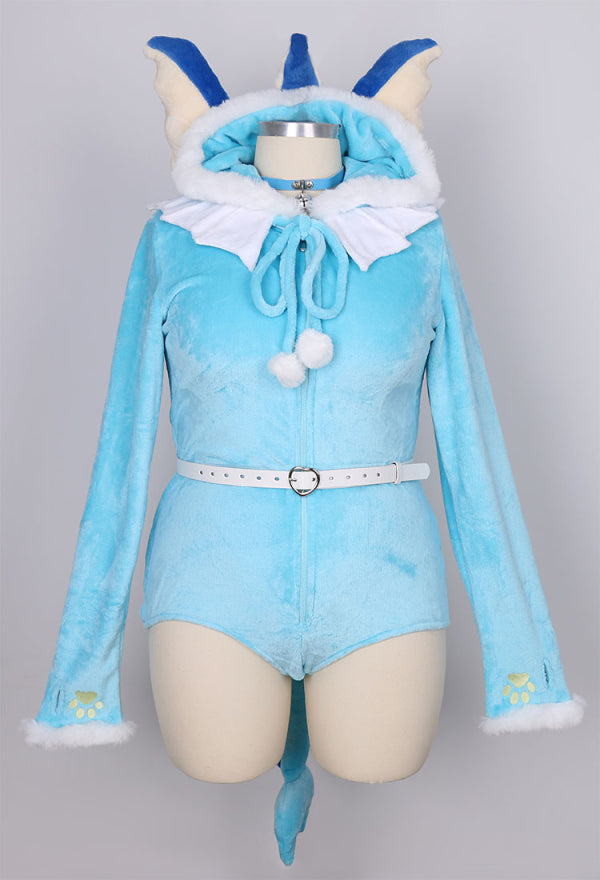 PM Derivative Fluffy Bodycon Romper Sexy Lingerie Blue Furry Hooded Bodysuit Jumpsuit Homewear with Tail Belt and Socks