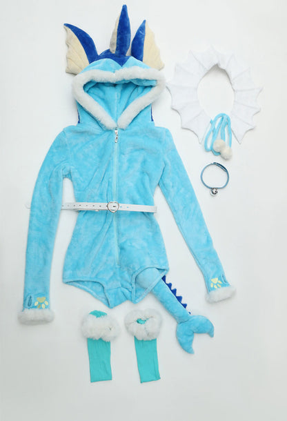 PM Derivative Fluffy Bodycon Romper Sexy Lingerie Blue Furry Hooded Bodysuit Jumpsuit Homewear with Tail Belt and Socks