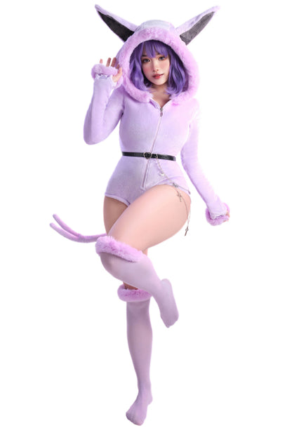 PM Derivative Fluffy Bodycon Romper Pajama Halloween Furry Bodysuit Long Sleeve Hooded Jumpsuit with Tail Belt and Socks