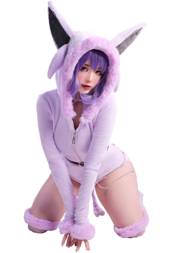 PM Derivative Fluffy Bodycon Romper Pajama Halloween Furry Bodysuit Long Sleeve Hooded Jumpsuit with Tail Belt and Socks