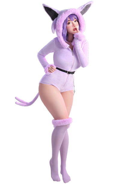 PM Derivative Fluffy Bodycon Romper Pajama Halloween Furry Bodysuit Long Sleeve Hooded Jumpsuit with Tail Belt and Socks