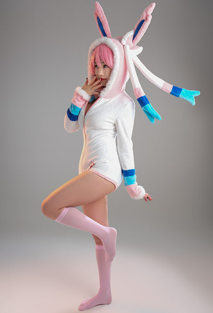 Sylveon Derivative Sexy Fluffy Hooded Bodysuit Halloween Deep V Kawaii One Piece Lingerie Rompers with Choker and Socks