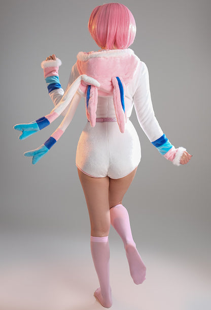 Sylveon Derivative Sexy Fluffy Hooded Bodysuit Halloween Deep V Kawaii One Piece Lingerie Rompers with Choker and Socks