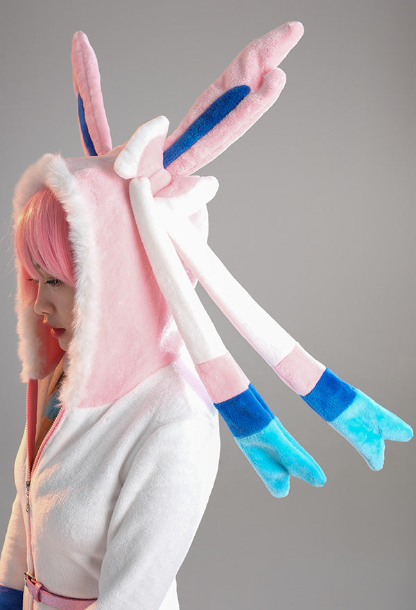 Sylveon Derivative Sexy Fluffy Hooded Bodysuit Halloween Deep V Kawaii One Piece Lingerie Rompers with Choker and Socks