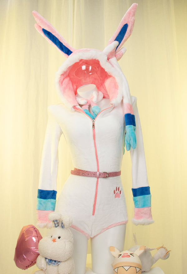 Sylveon Derivative Sexy Fluffy Hooded Bodysuit Halloween Deep V Kawaii One Piece Lingerie Rompers with Choker and Socks