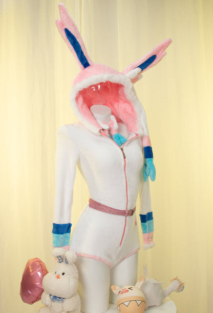 Sylveon Derivative Sexy Fluffy Hooded Bodysuit Halloween Deep V Kawaii One Piece Lingerie Rompers with Choker and Socks