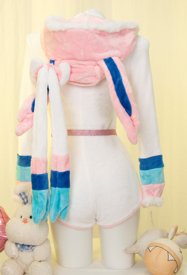 Sylveon Derivative Sexy Fluffy Hooded Bodysuit Halloween Deep V Kawaii One Piece Lingerie Rompers with Choker and Socks