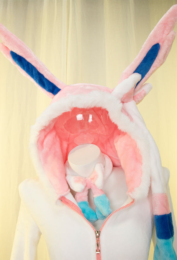 Sylveon Derivative Sexy Fluffy Hooded Bodysuit Halloween Deep V Kawaii One Piece Lingerie Rompers with Choker and Socks