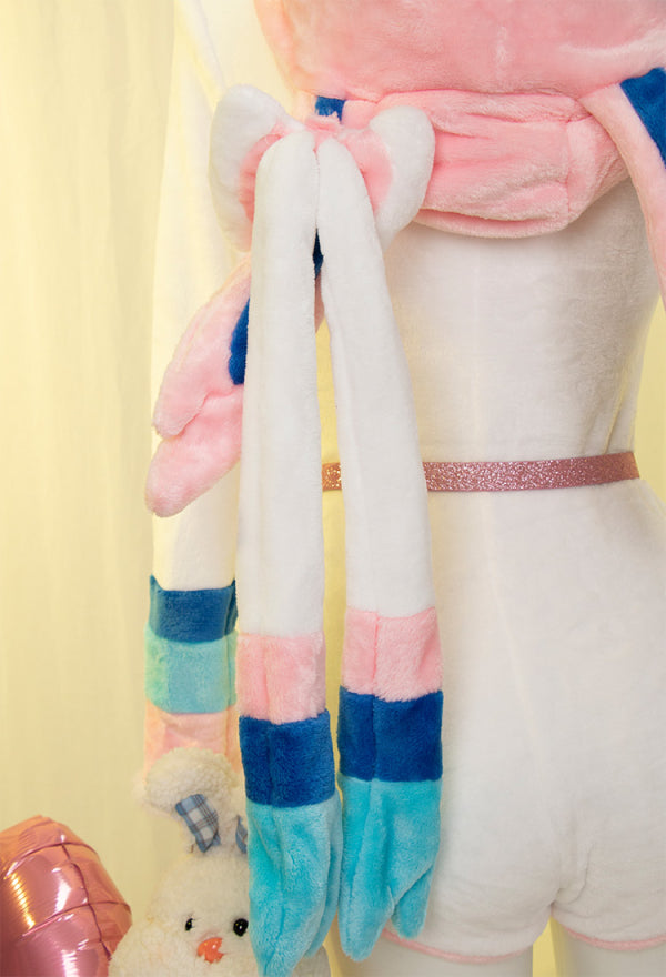 Sylveon Derivative Sexy Fluffy Hooded Bodysuit Halloween Deep V Kawaii One Piece Lingerie Rompers with Choker and Socks