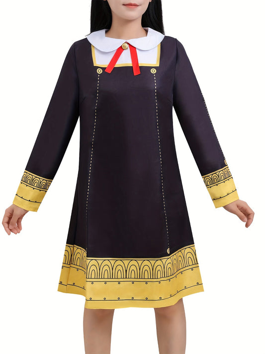 Anya Cosplay Costume for Women - Cute Polyester Dress with Long Sleeves, Middle Length Bubble Skirt, Round Neck, and Zipper Detail - Woven Solid Color Spy x Family Themed Outfit for Halloween and Role Play - 我的商店