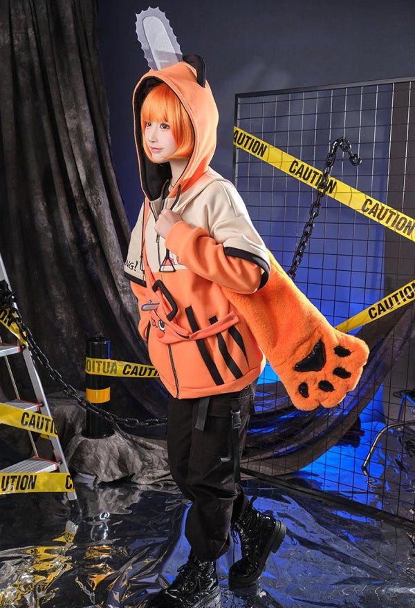 Chainsaw Derivative Pullover Hoodie with Detachable Bag Design Furry Paw Gloves Orange Hooded Zipper Sweatshirt with Bag - 我的商店