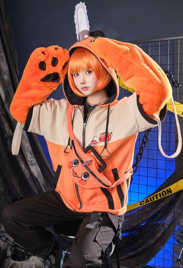 Chainsaw Derivative Pullover Hoodie with Detachable Bag Design Furry Paw Gloves Orange Hooded Zipper Sweatshirt with Bag - 我的商店