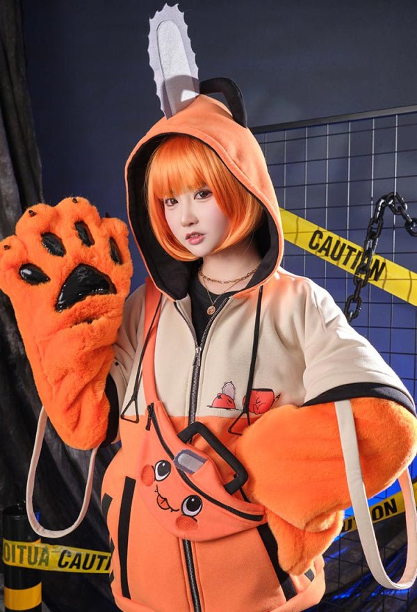 Chainsaw Derivative Pullover Hoodie with Detachable Bag Design Furry Paw Gloves Orange Hooded Zipper Sweatshirt with Bag - 我的商店