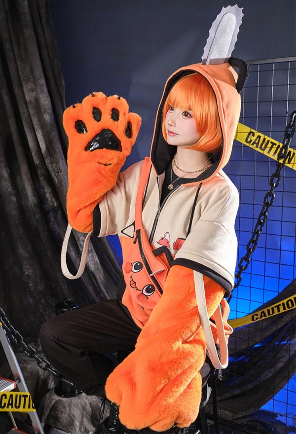 Chainsaw Derivative Pullover Hoodie with Detachable Bag Design Furry Paw Gloves Orange Hooded Zipper Sweatshirt with Bag - 我的商店