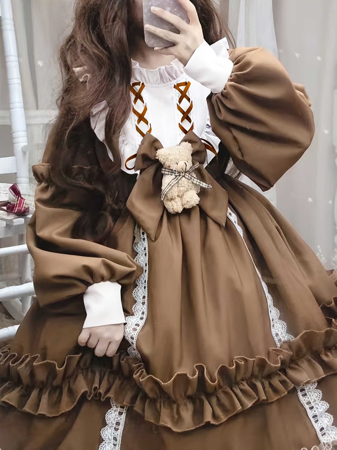 Charming Lolita - Inspired Princess Dress with Bear Charm & Bow - Long Sleeve, Crew Neck, Polyester - Perfect for Cosplay & Fashion Enthusiasts, Machine Washable - 我的商店